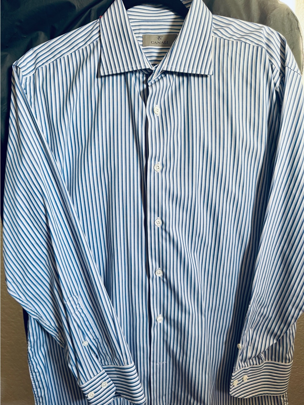 Canali Blue and White Vertical Stripe Dress Shirt